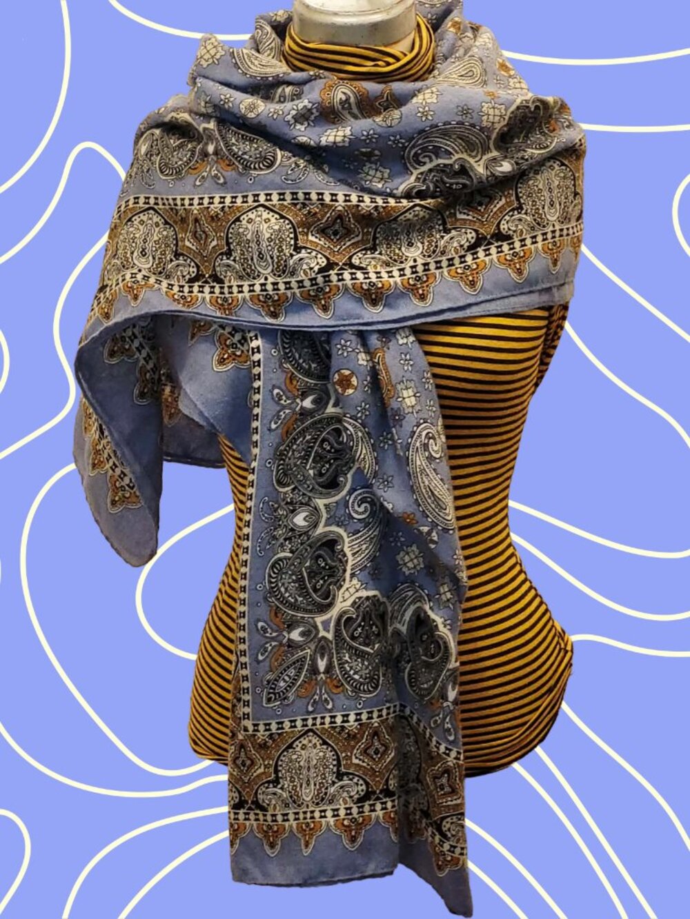 Vintage Lilas & Gold Paisley Large Scarf, Chic Bohemian Style